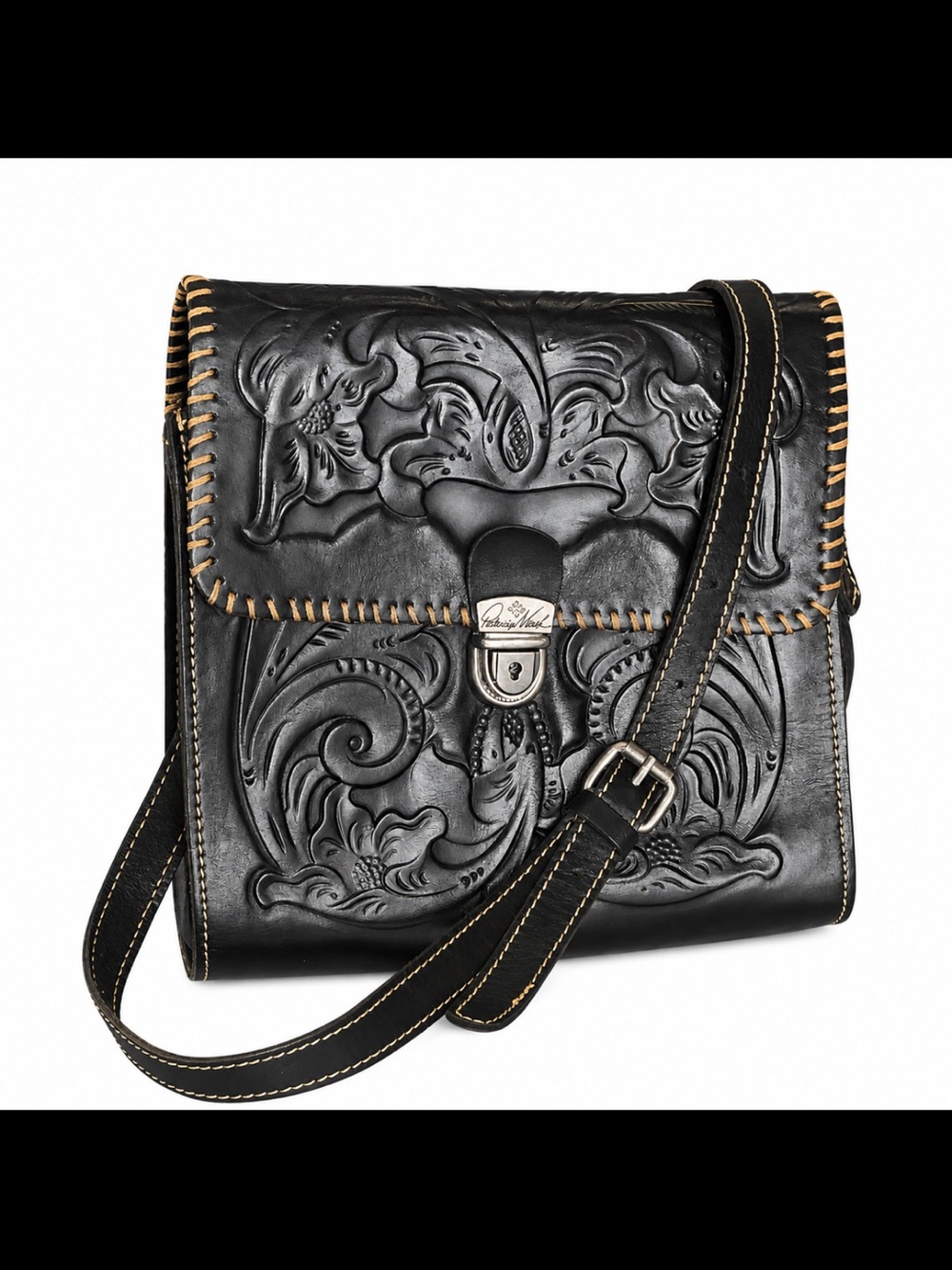 Patricia Nash Black Tooled Leather Floral Crossbody Bag